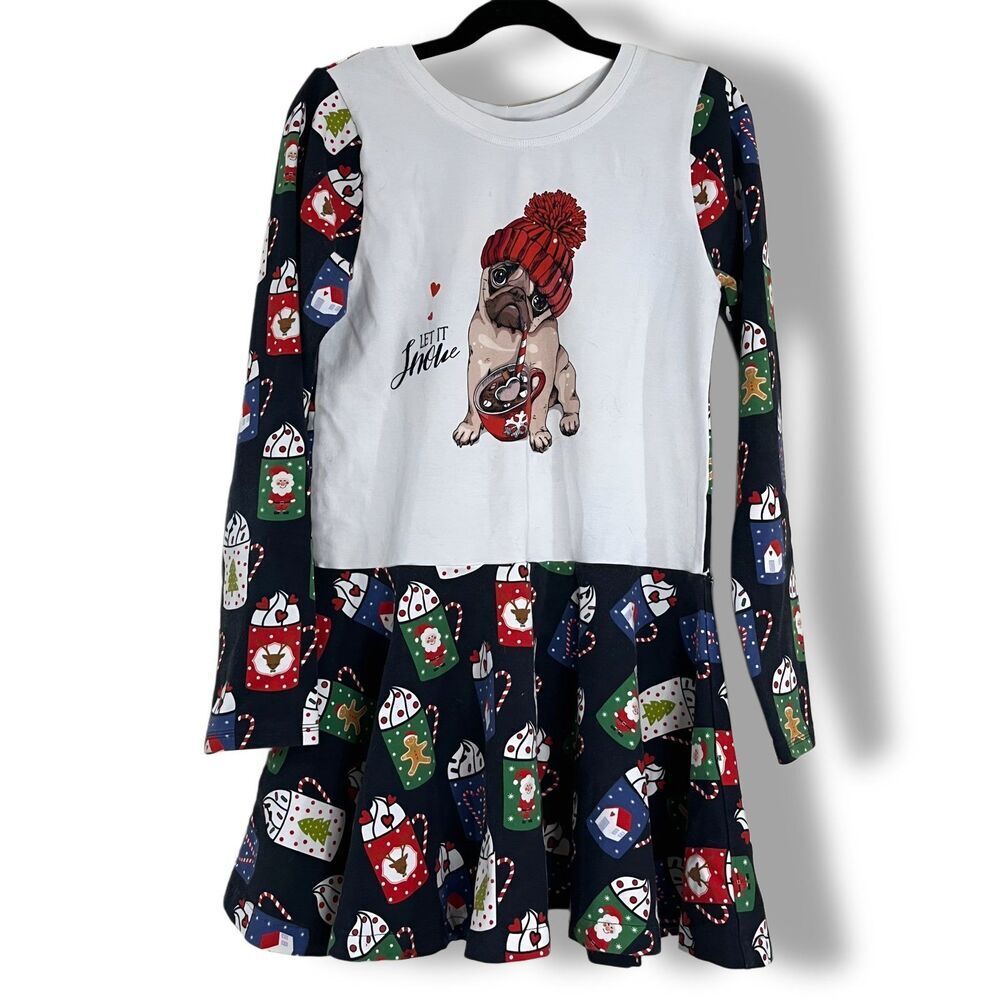 BackyardBaby Handmade Christmas Pug Hot Chocolate Twirl Skater Tunic Top size 12